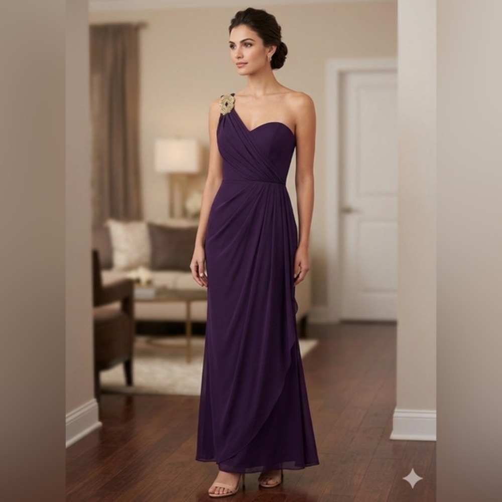 Xscape Women’s 6 Purple Draped Gold Embellished One Shoulder Long Gown Dress S